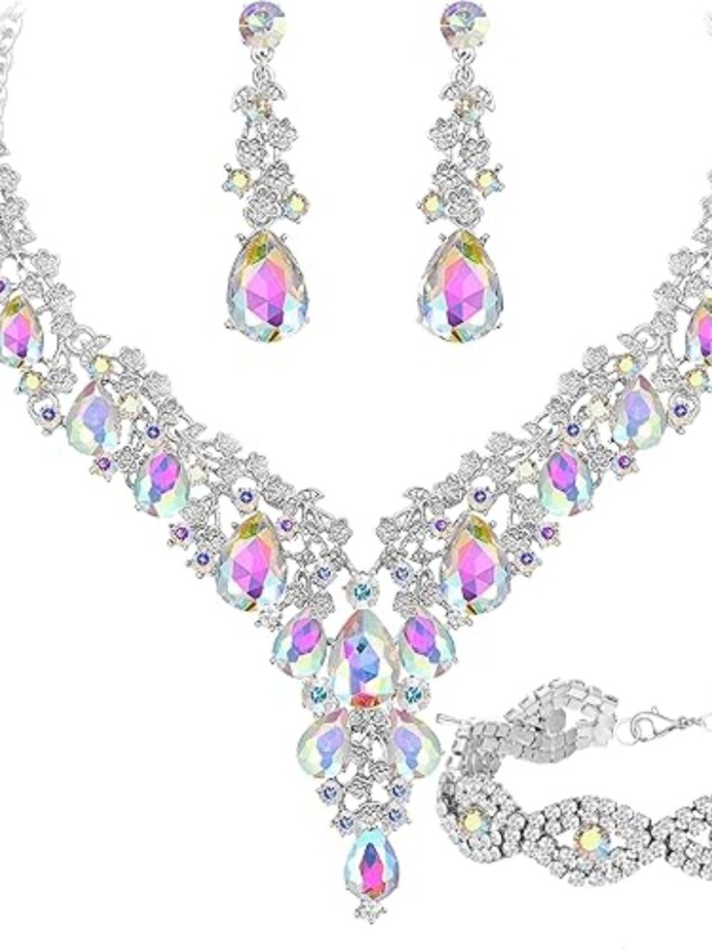 Bridal Bridesmaid Prom‎ Crystal Rhinestone Jewelry Set Silver Tone w/ Iridescent